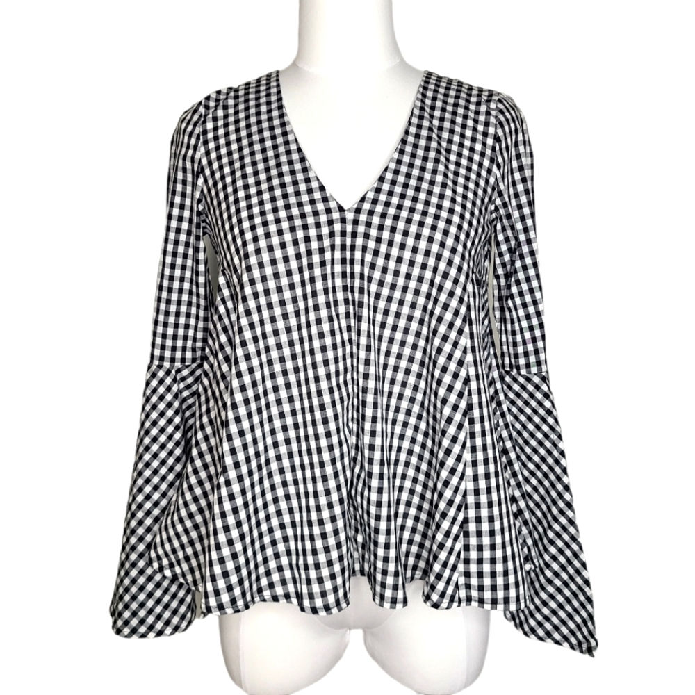 Aqua Gingham Checker Pattern Bell Sleeve V-neck Blouse Black White XS